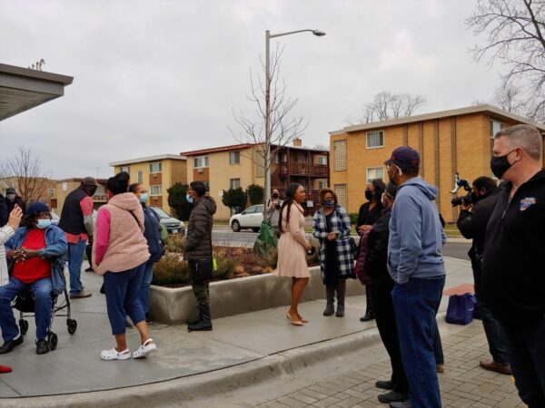 People gathered in exterior space