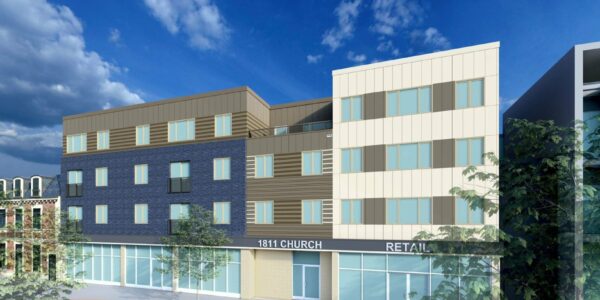 Drawing of a four-story building. Retail space with large glass windows on the first floor and apartment sized windows on the second through fourth floors. A variety of light colored, blue, and tan siding on the apartment floors.