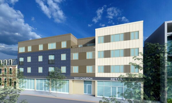 Drawing of a four-story building. Retail space with large glass windows on the first floor and apartment sized windows on the second through fourth floors. A variety of light colored, blue, and tan siding on the apartment floors.