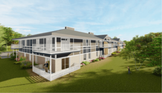 Drawing of two story apartment building with balconies.
