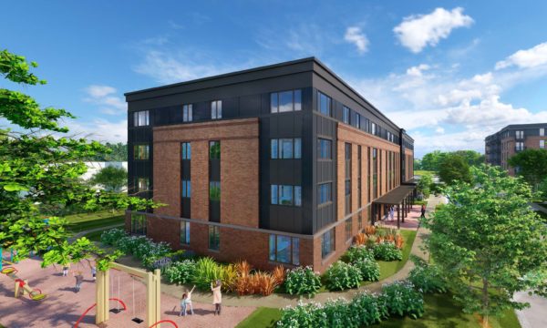 Drawing of four story apartment building with blue sky, green trees and children playing on a small playground.