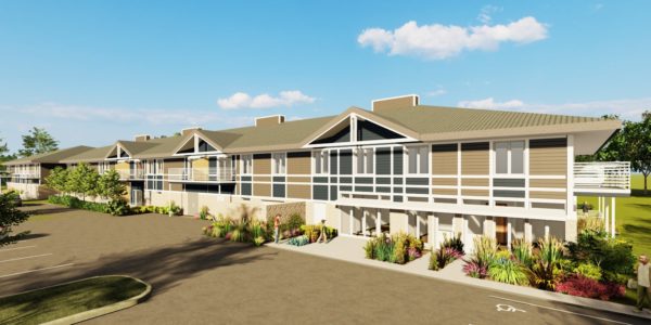 Rendering of a two story apartment building with a blue sky above.