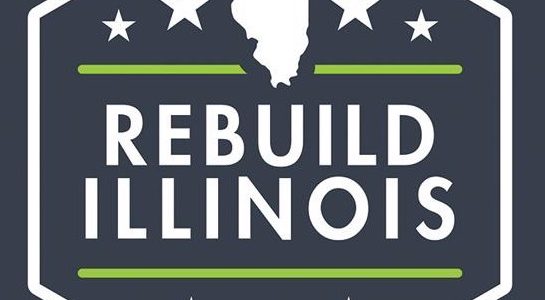 Rebuild Illinois logo with dark navy background, white stars and the outline of the state of Illinois in white.