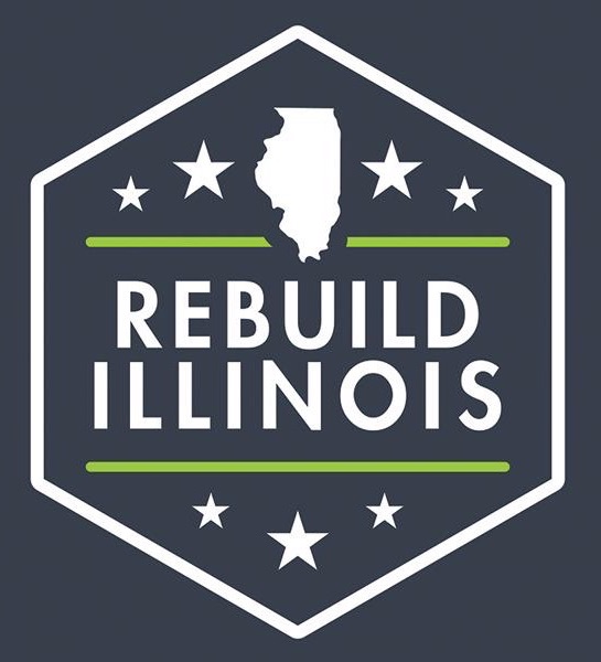 Rebuild Illinois logo with dark navy background, white stars and the outline of the state of Illinois in white.