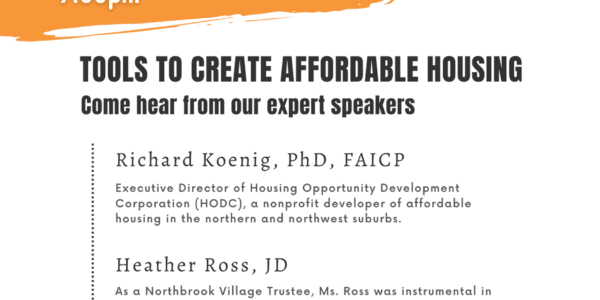 Flyer for Action Ridge Meeting on May 10th 2023 at the Park Ridge Community Church at 7:00 PM. Panel discussion "Tools to Create Affordable Housing".