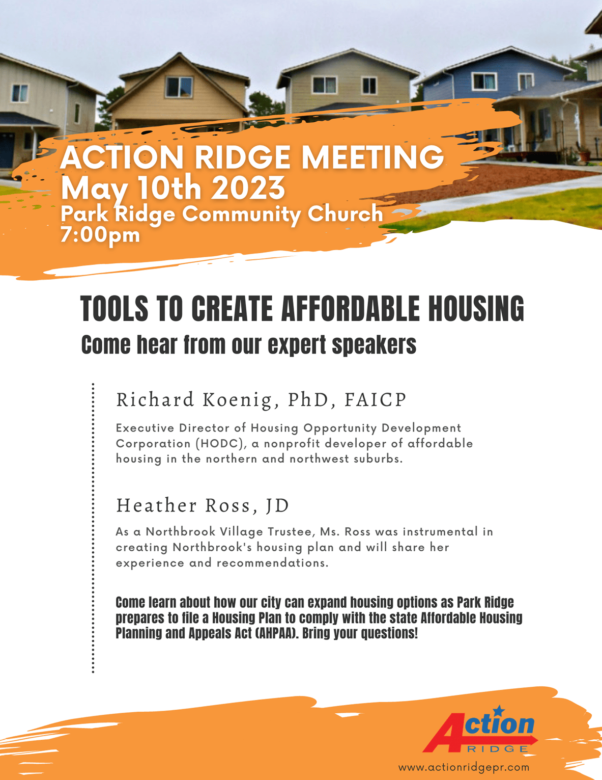 Flyer for Action Ridge Meeting on May 10th 2023 at the Park Ridge Community Church at 7:00 PM. Panel discussion "Tools to Create Affordable Housing".