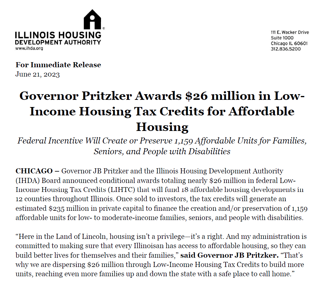 June 21, 2023 Press Release announcement "Governor Pritzker Awards $26 million in Low-Income Housing Tax Credits for Affordable Housing"
