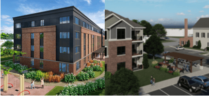 Side by side renderings of apartment buildings.