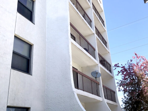 A six story white apartment building with balconies. A tree with pink blossoms is nearby.