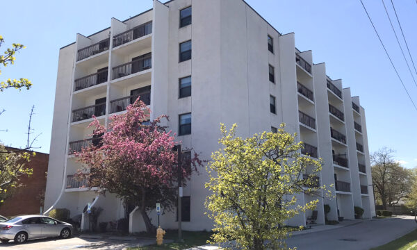 A six story white apartment building with balconies. A tree with pink blossoms, a smaller tree, and a yellow fire-hydrant are in front. A silver car isparked in the parking lot of the building that is framed by a white sky.