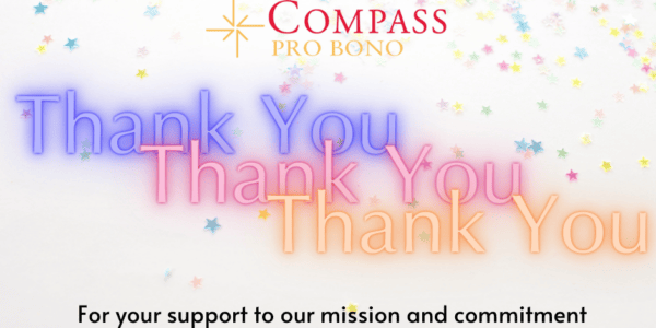 Compass Pro Bono logo with Thank You for your support to our mission and commitment to the work HODC is doing in our communities. White background with pink, blue and yellow confetti stars sprinkling in the background.