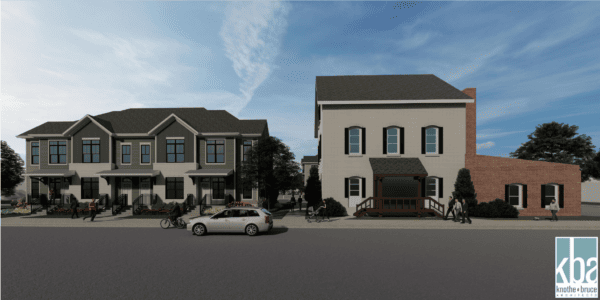 Rendering of two-story apartment building next to an older looking two-story building that has been rehabbed.