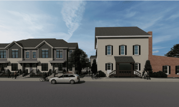 Rendering of two-story apartment building next to an older looking two-story building that has been rehabbed.
