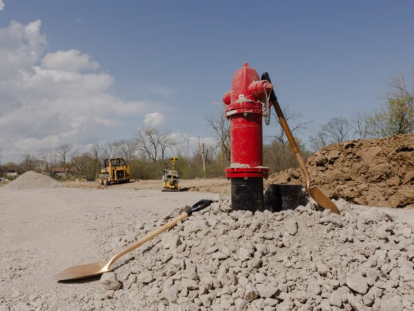 A lone red fire hydrant rises from a rocky construction site. Two gold shovels lean against the fire hydrant. Construction vehicles are in the background on a sunny day.