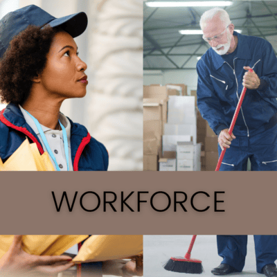 Workforce: A black woman wearing a cap holding packages and a white man wearing a blue work jumper holds a broom.