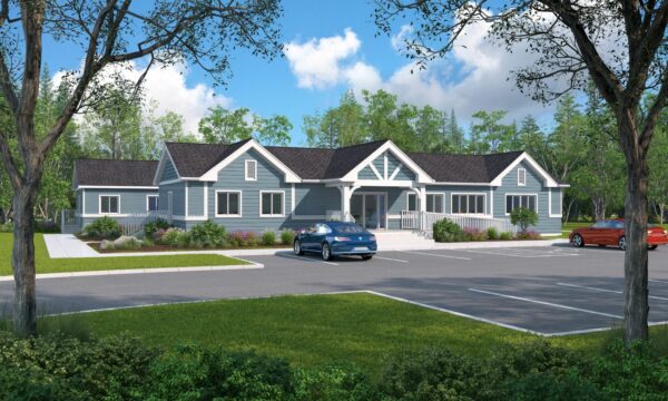Rendering of a one story building with blue siding and white trim.
