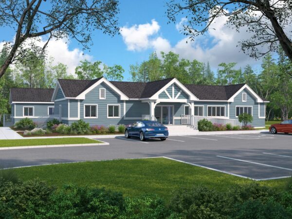 Rendering of a one story building with blue siding and white trim.