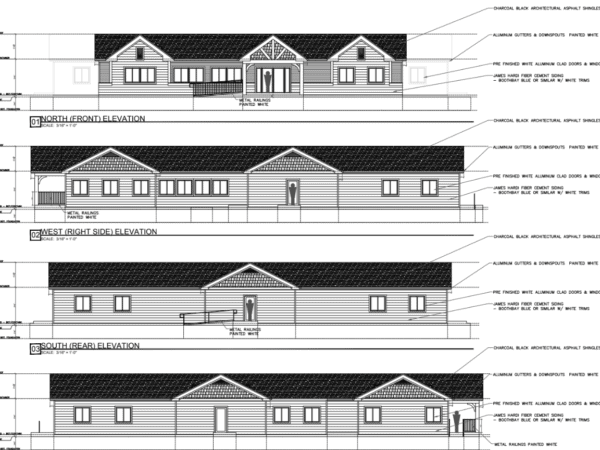 A drawing of the outsides of a one-story building.