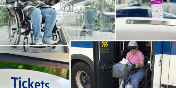 Public transit pictures including black woman in a wheelchair in a station, a white woman disembarking from a bus in a mobility scooter, and tickets.