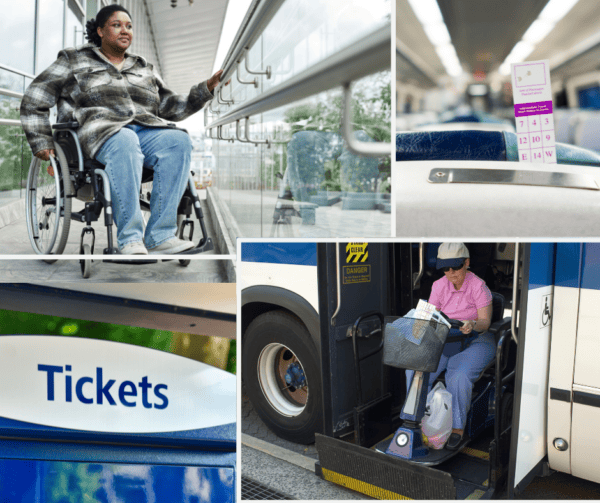 Public transit pictures including black woman in a wheelchair in a station, a white woman disembarking from a bus in a mobility scooter, and tickets.