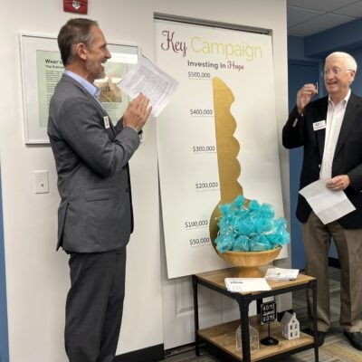 Two men smile and gesture to a poster with a large gold key on it.