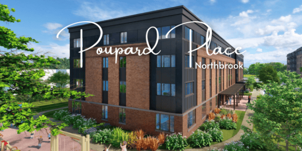 Four story apartment building rendering. Poupard Place, Northbrook in white text.