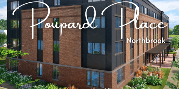 Four story apartment building rendering. Poupard Place, Northbrook in white text.