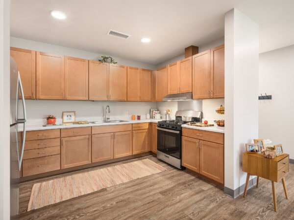 Kitchen with oak cabinets.