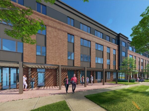 Rendering of a four-story apartment building with brown brick and siding.