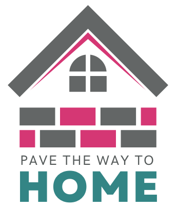 Logo for Pave The Way To Home in aqua, pink and grey that includes the roof of a house and bricks.