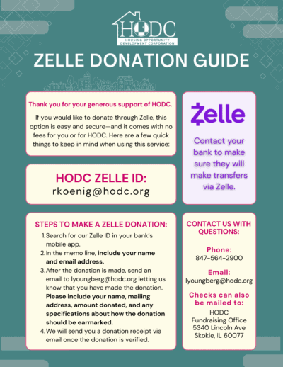 Form that explains how to find HODC's Zelle account in your online banking app by looking up our Zelle ID rkoenig@hodc.org.