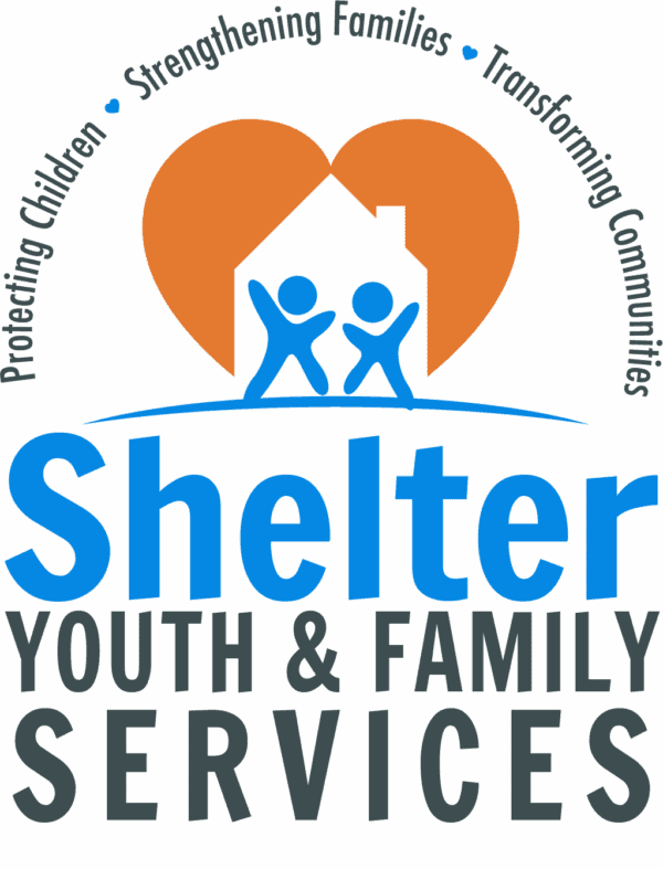 Logo for Shelter Youth & Family Services in blue and orange.