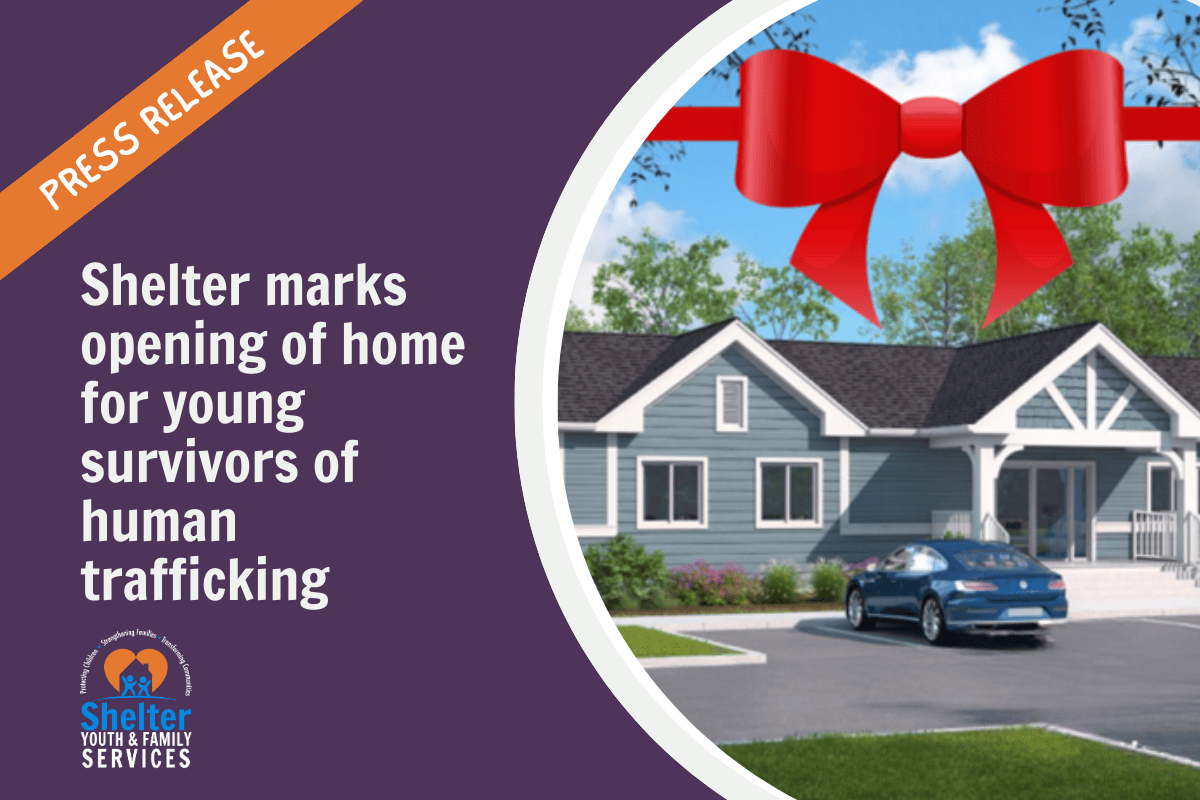 Press release design with text about a shelter opening for young trafficking survivors. Background shows a house with a big red bow and parked car, conveying hope.