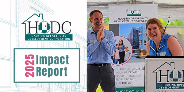 2025 Impact Report cover for Housing Opportunity Development Corporation. Features a logo and a photo of two people smiling at a podium, conveying a positive and celebratory tone.