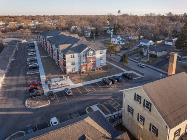 Aerial view of Taylor Place Apartments and parking lot.