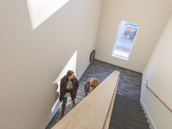 Interior view of a modern staircase at HODC building.