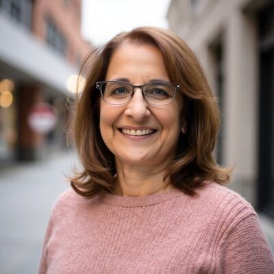 Kathy Cortez is a white woman with shoulder-length brown hair, wearing glasses and pink sweater. A blurred building is in the background and the one is friendly yet professional.