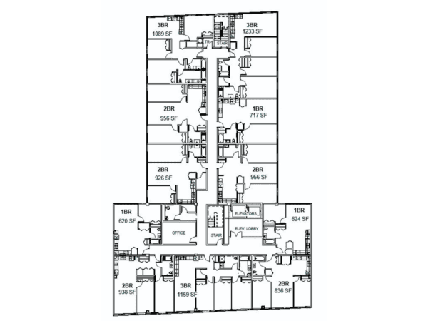 Floor plan for one floor of an apartment building that shows a mix of one, two and three bedroom apartments.