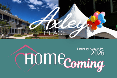 Axley Place HomeComing 2026 image with picture of 2 story apartment building and a white party tent with balloons.