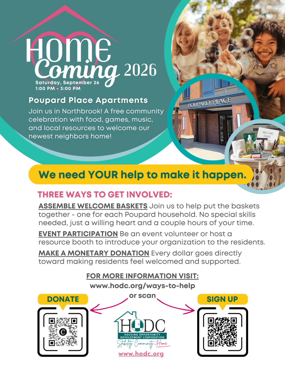 Flyer for Volunteers to sign up to support the Poupard Place HomeComing on September 2026.